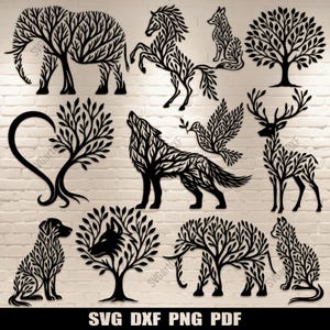 May include: Black metal cutouts of various animals and trees, including an elephant, horse, wolf, deer, dog, and cat. The designs incorporate tree-like patterns within the animal silhouettes. The image also includes the text "SVG DXF PNG PDF".