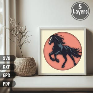 May include: A black horse silhouette in a running pose, set against a pink circle on a cream background. The image is framed in a white frame.