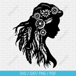 Amerikanische Indianer Mädchen svg, Feder Kopfschmuck svg, amerikanische Native Frau svg-Datei, Instant Download dxf, indische Clipart, dxf für Laser cut