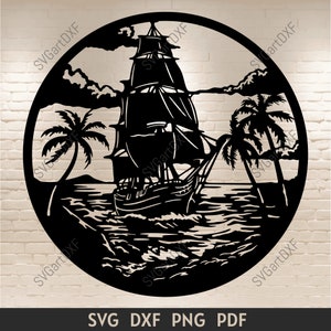 Pode incluir: Silhueta preta e branca de um navio à vela com velas inchadas, rodeado de palmeiras e ondas. A imagem tem a forma de um círculo.