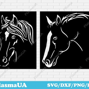 May include: Two black and white silhouette images of horse heads. The horse heads are facing to the right. The images are on a white background.