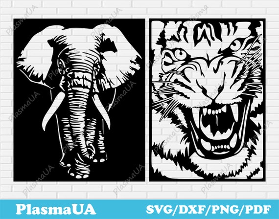 Elephant cut file, Tiger cut file, laser file dxf, cnc dxf files, template for laser, files for laser cutting, laser cut patterns