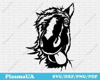 May include: Black and white silhouette of a horse's head with a long tongue sticking out. The horse has a wild mane and a playful expression.