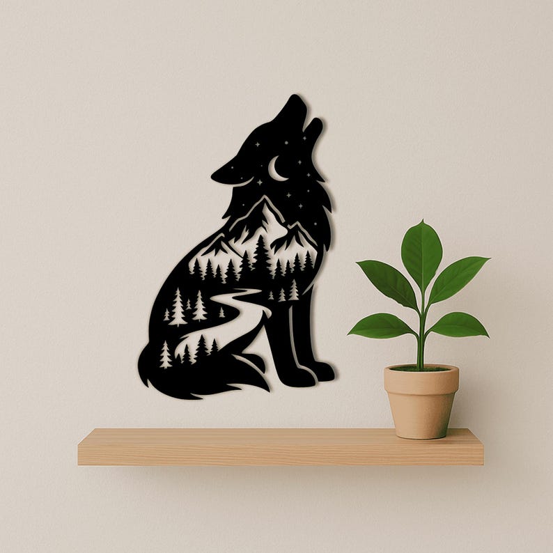 Wolf with moon and stars vector art