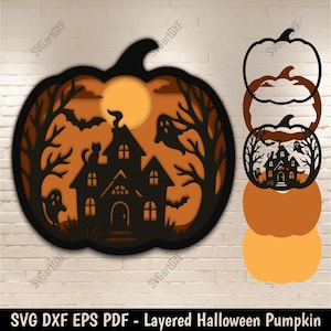 Layered Halloween Pumpkin SVG DXF – Haunted House Ghost Bat Scene | 3D Shadow Box | Cricut, Glowforge, Laser Cut Files, Digital Download