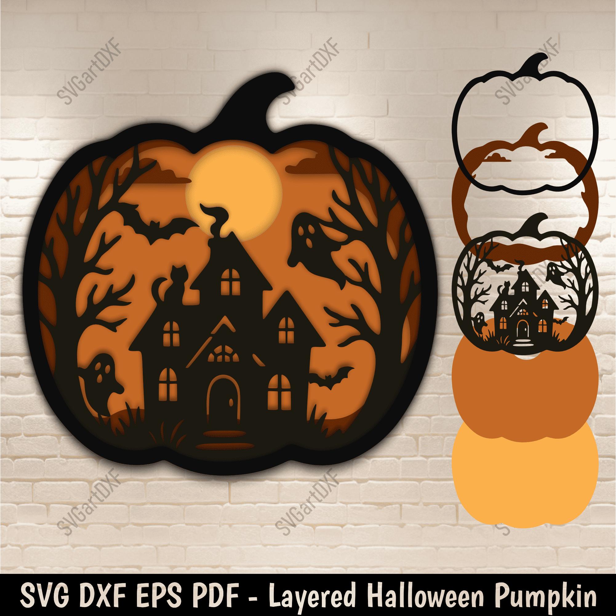 Layered Halloween Pumpkin SVG DXF – Haunted House Ghost Bat Scene | 3D ...