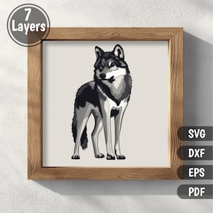 May include: A black and white wolf illustration with a detailed design. The wolf is standing on a light gray background.