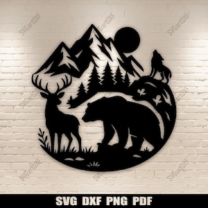 May include: Black metal wall art featuring a mountain range, trees, a deer, a bear, a howling wolf, and a sun. The design is circular and includes the text "SVG DXF PNG PDF" at the bottom.