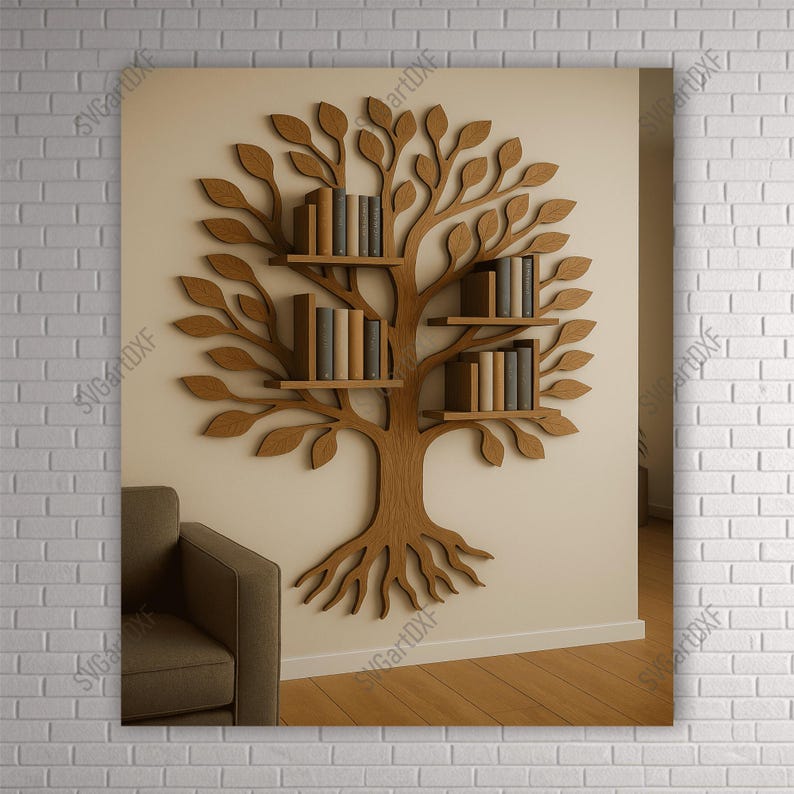 Tree Bookshelf SVG DXF Files for Laser Cut | Wall Mounted Tree Shelf Design | 6mm 1/4" Plywood Digital Download
