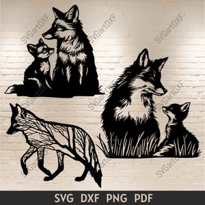 Fichiers svg renard, bébé renard et sa mère svg, renard arbre dxf, renard pour cricut, renards pour découpe laser, renards silhouette, animaux de la forêt Svg