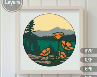 3D Shadow Box Layered Svg, Plantillas de corte de papel 3D, Archivos de corte Svg para Cricut, Hermosa escena de la naturaleza Svg, Dxf para corte láser