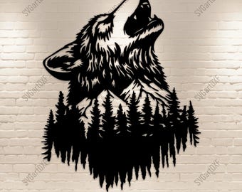 Howling Wolf Dxf Svg Pdf – Wolf with Mountain and Forest Scene for CNC Laser, Glowforge, Cricut, Silhouette, Wall Art