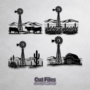 May include: Four black silhouette designs featuring a windmill, cows, a cactus, and a barn. The designs are set against a backdrop of rolling hills and barbed wire fences, evoking a rustic, rural theme. The text "Cut Files SVG DXF PNG PDF" is at the bottom.