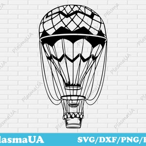 May include: Black and white line art illustration of a hot air balloon with a basket. The balloon has a geometric pattern.