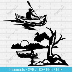 Pode incluir: Silhueta preta e branca de uma pessoa remando de caiaque em um lago com uma árvore e um pôr do sol ao fundo.