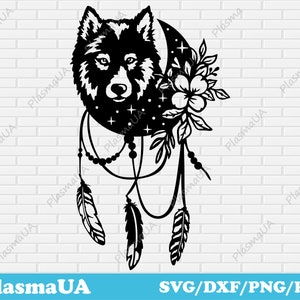 Wolf with feathers svg file for cricut, silhouette wolf dxf, floral wolf svg, animals art vector, dxf wolf for laser cut, png for t-shirt