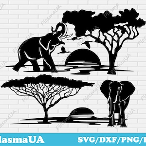 May include: Black silhouette of two elephants and two trees with a sunset in the background. The elephants are standing in a savanna landscape. The trees are acacia trees. The sunset is a large orange circle with rays of light.