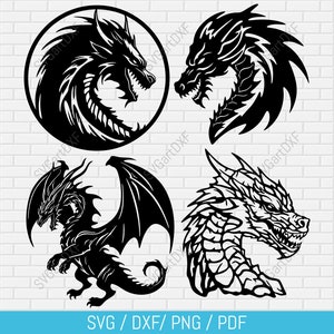Puede incluir: Cuatro diseños de dragones en blanco y negro. El primer diseño es un dragón enroscado en un círculo. El segundo diseño es una cabeza de dragón con un cuello enroscado. El tercer diseño es un dragón con las alas extendidas. El cuarto diseño es una cabeza de dragón con un cuello enroscado.