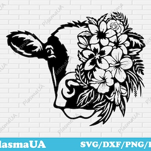 Kuh Kopf mit Blumen svg geschnitten Datei für Cricut, Kuh png, Kuh svg, dxf Datei für Laser, svg für Shirts, Bauernhof Tiere svg, süße Tiere dxf svg