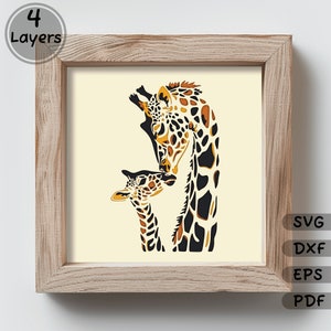 May include: A digital illustration of two giraffes, a mother and her baby, with their heads touching. The mother giraffe is larger and has a black and orange patterned coat. The baby giraffe is smaller and has a light brown and orange patterned coat. The background is a light yellow.