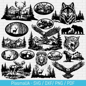Puede incluir: Un conjunto de 12 archivos de corte SVG en blanco y negro que presentan varios animales y escenas de la naturaleza. Los animales incluyen un ciervo, un lobo, un oso, un águila, un león y un alce. Las escenas de la naturaleza incluyen montañas, árboles y ríos.