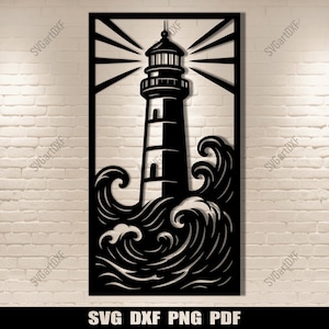 May include: Black metal wall art depicting a lighthouse with a beam of light. The lighthouse is surrounded by waves. The words "SVG DXF PNG PDF" are at the bottom. The art is set against a white brick wall.