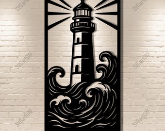 May include: Black metal wall art depicting a lighthouse with a beam of light. The lighthouse is surrounded by waves. The words "SVG DXF PNG PDF" are at the bottom. The art is set against a white brick wall.