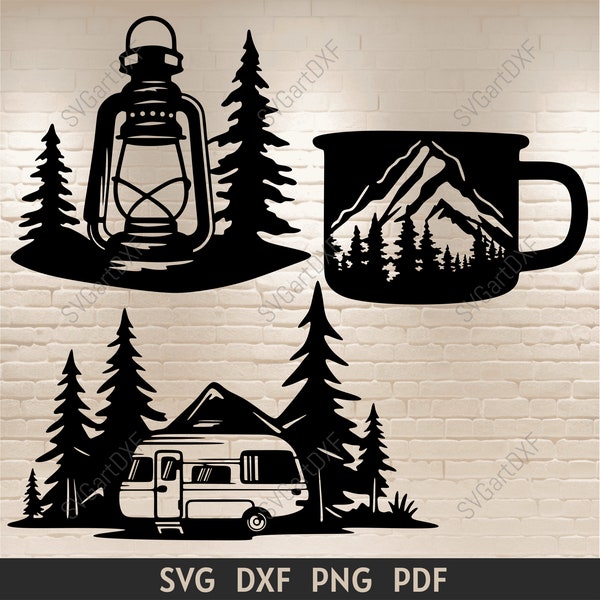 Camping scene svg cut files, Camping Lantern svg, Camping Mug Svg, Travel Trailer svg, dxf camping for laser cut, camping t-shirt design