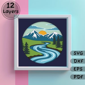 Layered Mountain River 3D Shadow Box SVG for Cricut, Home Decor DIY, Papercut Template, Multilayer Paper Art