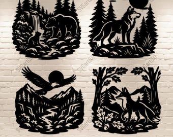 May include: Four black silhouette designs featuring wildlife and nature scenes. One shows a bear and cub near a waterfall, another a wolf in a forest, an eagle soaring over mountains, and a fox in a forest. The text "SVG DXF PNG PDF" is at the bottom.