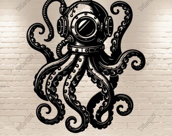 Steampunk Octopus SVG DXF – Diving Helmet Octopus Cut File for Laser, Cricut, Silhouette, Sublimation