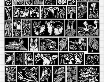 May include: A set of 36 black and white SVG cut files featuring various animal, nature, and floral designs. The designs include a deer, a zebra, a flamingo, a bear, a peacock, a train, a toucan, a horse, a bird, and more.