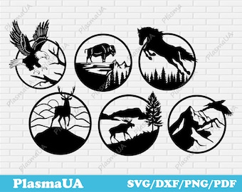 May include: Set of six black and white silhouette SVG cut files featuring a variety of wildlife and nature scenes. The designs include a buffalo, a horse, a deer, a moose, an eagle, and a mountain scene with a bird.