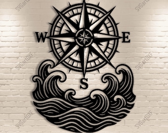 May include: Black metal wall art featuring a compass rose design above stylized ocean waves. The compass points North, South, East, and West. The text "SVG DXF PNG PDF" is at the bottom.