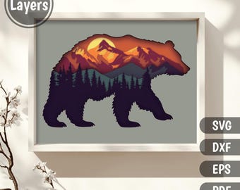 3D Layered Mountains Bear Svg, Shadow Box Template, Wildlife Multilayer Design, Cutting files for Cricut, Paper Craft