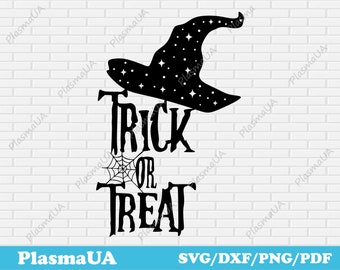 May include: Black and white silhouette of a witch's hat with stars on it, above the text "Trick or Treat" with a spider web.