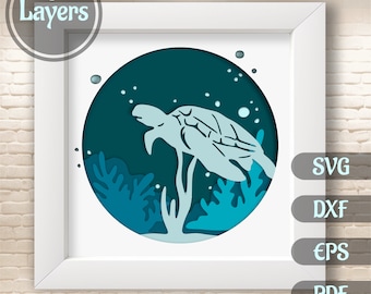 Gelaagde zeeschildpad SVG, 3D-schaduwdoos, meerlaagse sjabloon voor Cricut, silhouet en lasercut