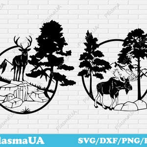 Wildlife scene svg, deer cut file, moose dxf for laser, wall decor dxf, dxf files for cnc, files for cutting, wood wall decor svg