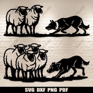 Arquivos de corte para cães de trabalho com ovelhas, Svg para Cricut, Glowforge, Silhouette, Dxf para corte a laser CNC, download digital