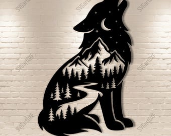 Wolf Mountain Scene SVG DXF – Howling Wolf Silhouette for CNC, Laser, Cricut, Glowforge, Sublimation Design, Digital Download
