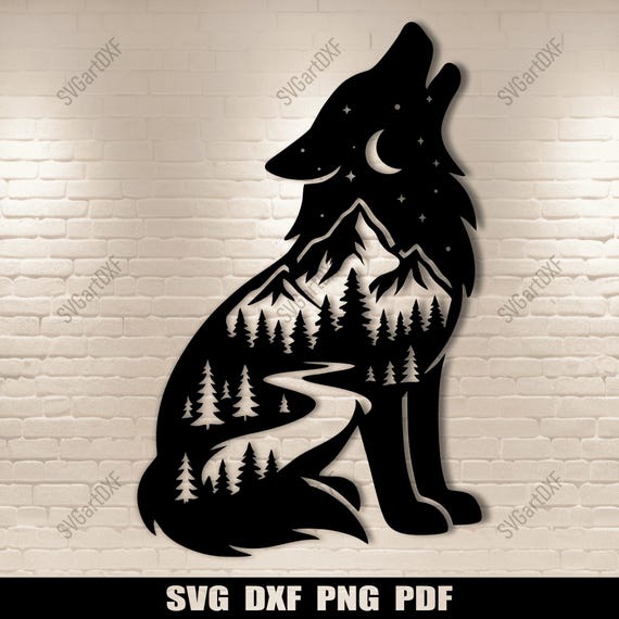 Wolf Mountain Scene SVG DXF – Howling Wolf Silhouette for CNC, Laser, Cricut, Glowforge, Sublimation Design, Digital Download