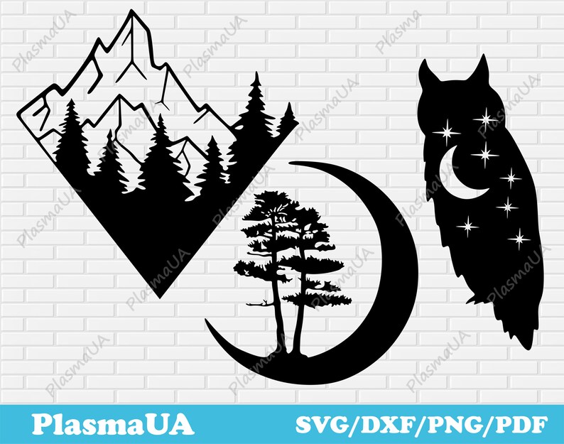 May include: Black and white silhouette design featuring a mountain range, a crescent moon, a pine tree, and an owl with stars. The design is perfect for crafting projects, such as vinyl decals, iron-on transfers, and more.
