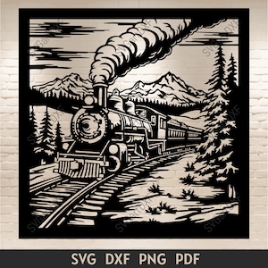 Stoomtrein Svg Dxf-bestanden knippen, deelvenster trein svg voor Cricut, deelvenster dxf voor lasergesneden, CNC-panelen voor snijden, dxf voor Silhouette Studio