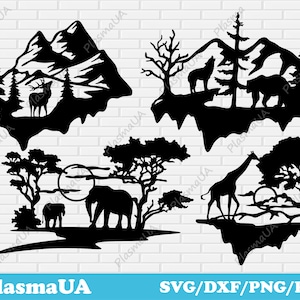 Dxf-bestanden met dierenscènes, cricut-ontwerp, natuurscène voor laser, dxf-bestanden, dieren voor cricut, plasma-cut-bestanden, bergenscènes