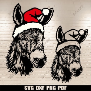May include: Two black and white silhouette illustrations of a donkey wearing a Santa hat. The donkey's head is facing forward with a neutral expression. The donkey's ears are long and floppy. The Santa hat is red with white trim. The background is a white brick wall.