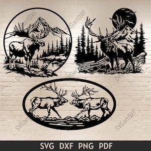 Hertenscène dxf voor lasergesneden, elandscène dxf-bestanden, svg-bestanden voor de Cricut, dxf-svg ovaal natuurmuurdecor, plasmagesneden bestanden, eland decor dxf