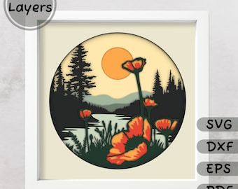 Wildflowers Layered Svg for Cricut, Flowers 3D Shadow Box Template, Layered Nature Art eps files, pdf files, Multilayer flowers, PaperCut