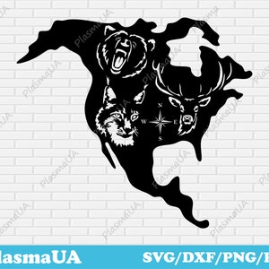 North America svg, Animals lynx bear deer svg for cricut, Dxf for cnc laser cut, Engraving vector files, Metal cut design - Download now