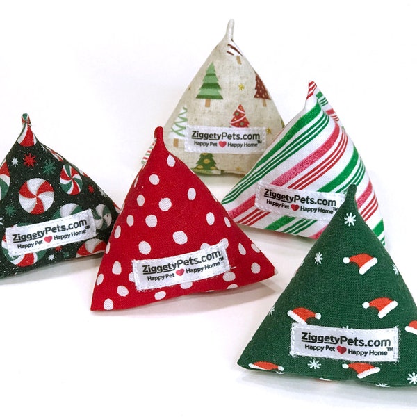 5 Catnip Christmas Cat Toys - FIVE (5) Christmas Catnip Pyramid Toys, Pet Stocking Stuffer, Holiday Gift for Cat and Cat Lover