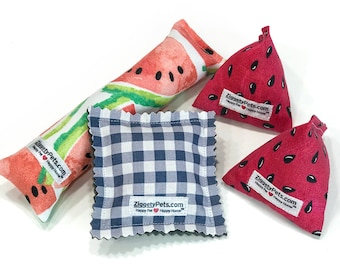 Watermelon Catnip Toy FunPack, 4 (FOUR) pieces - Kick Stick/Fin/Ravioli, Fun Spring Summer Cat Gift!